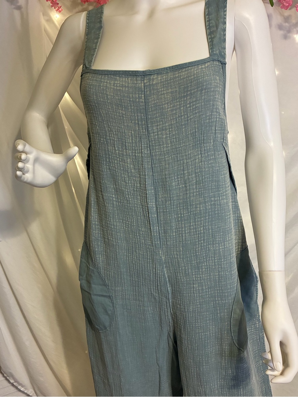 Zenana Dusty Blue/Cream Wide-Leg Square-Neck Jumpsuit (display small) - Picture 2 of 11